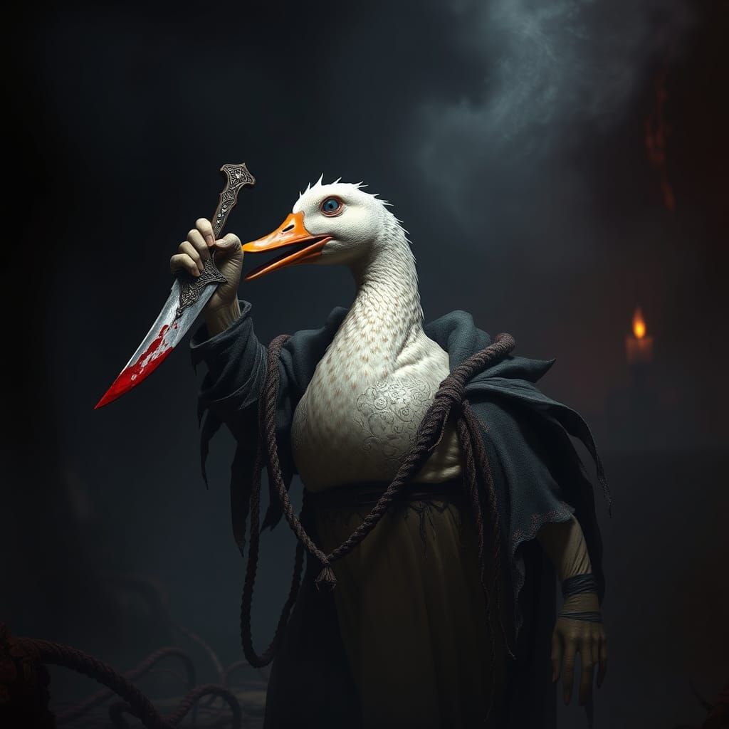 Macabre Duck Wielding Knife in Dark Fantasy Style