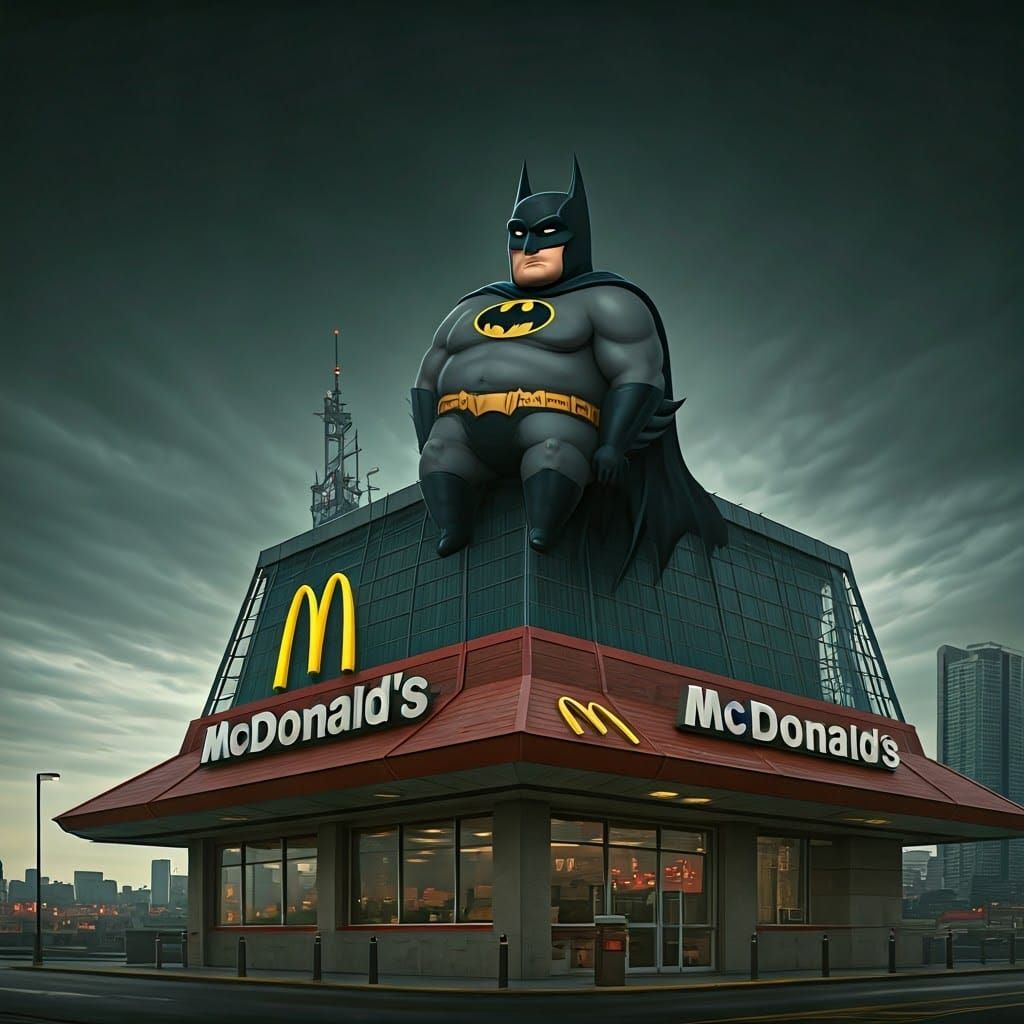 Lowbrow Caricature Batman Perches on Monolithic McDonald's R...
