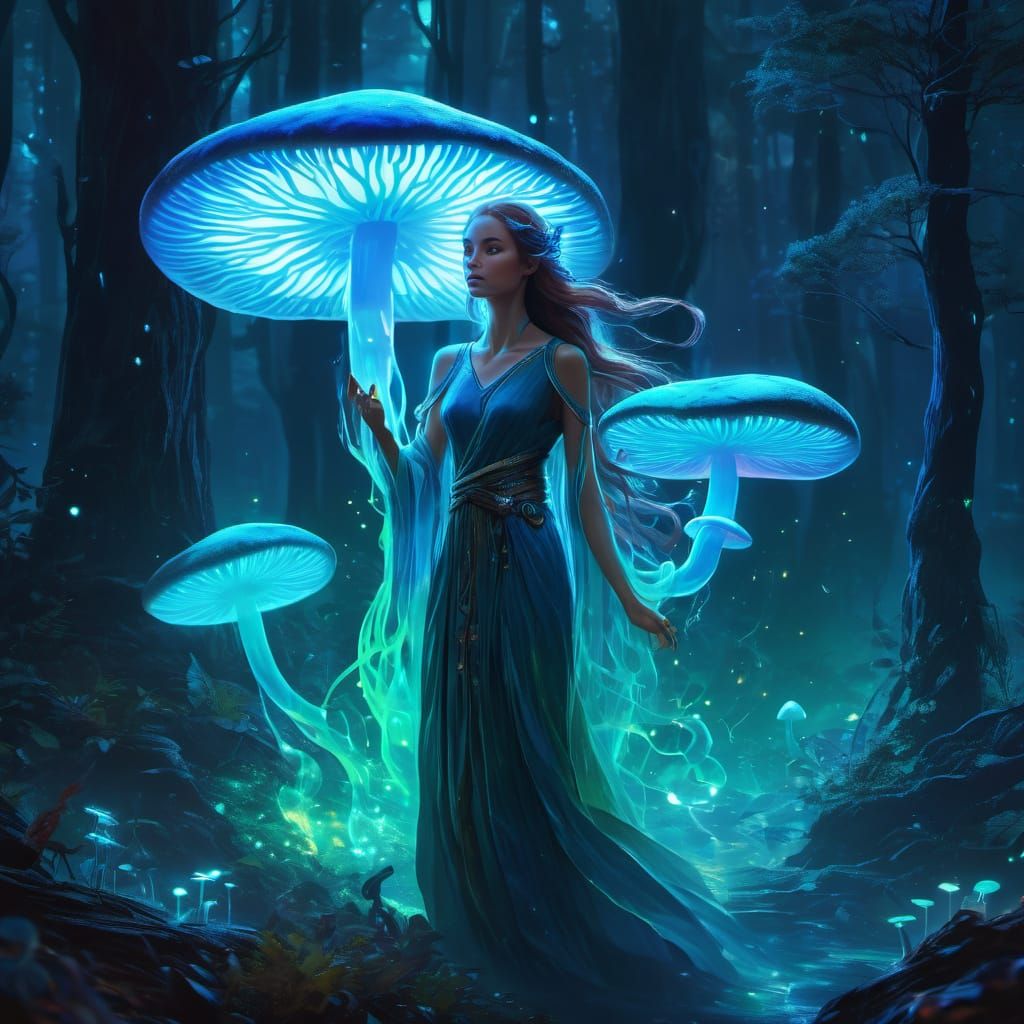 Bioluminescent Mushroom Maiden in Enchanted Forest