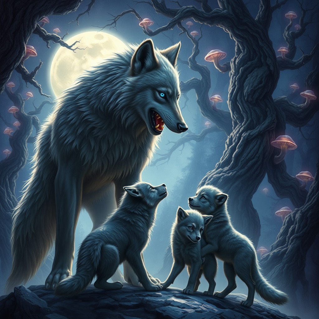Protective Moon Wolf Confronts Alpha in Mystical Forest