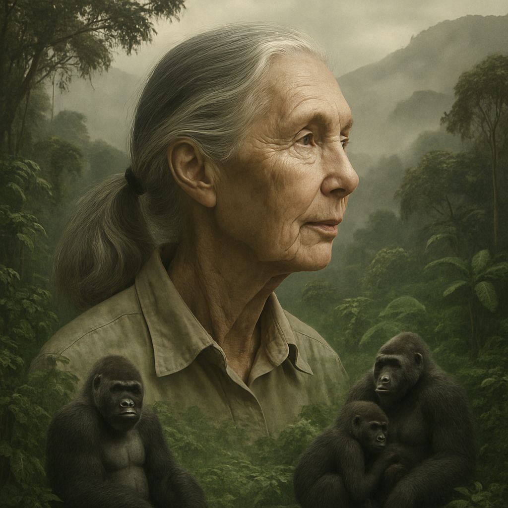 Jungle Researcher Double Exposure with Gorillas in Harmony