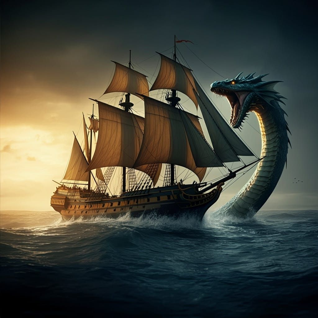 Medieval Galleon Under Siege by Colossal Sea Serpent in Irid...