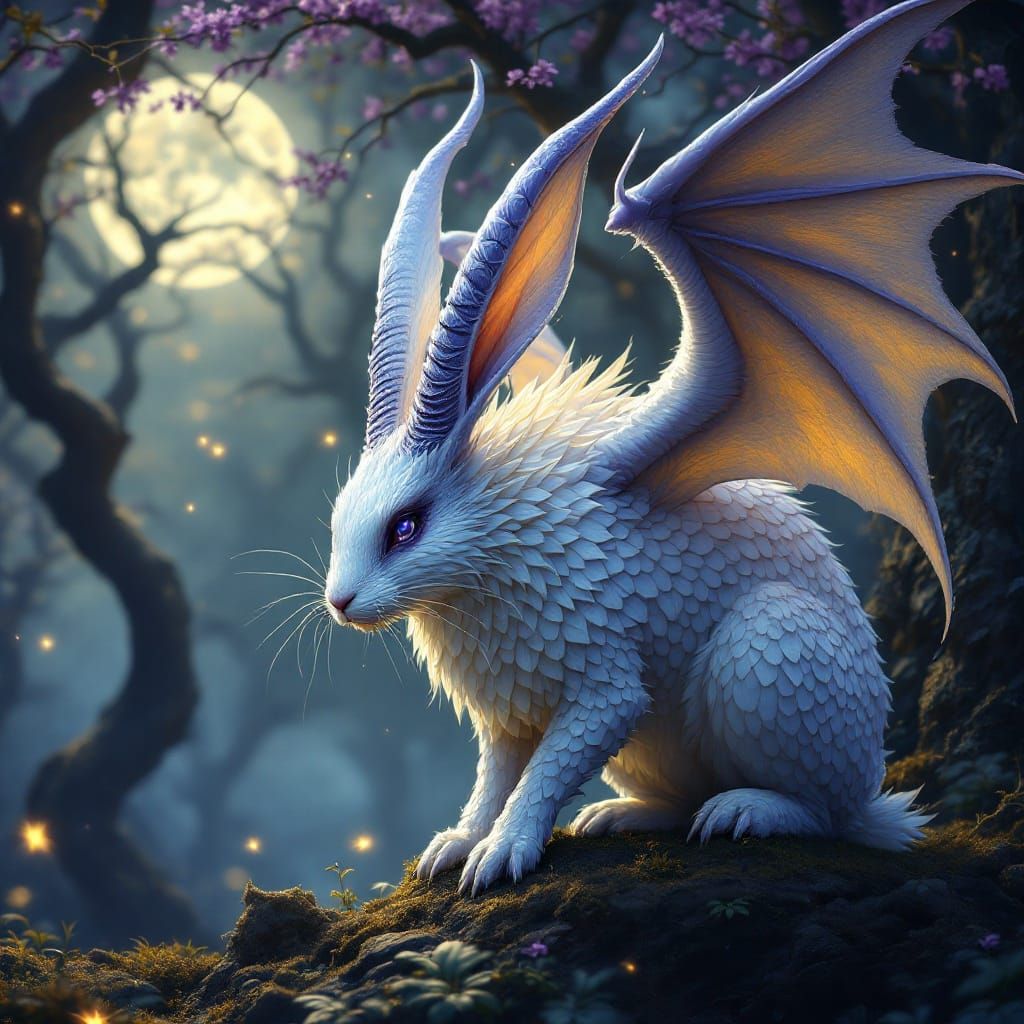Mystical White Dragon Rabbit in Moonlit Elven Woods