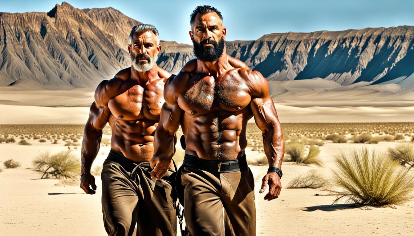 Muscular Men Emerge in Desolate Wasteland Painting
