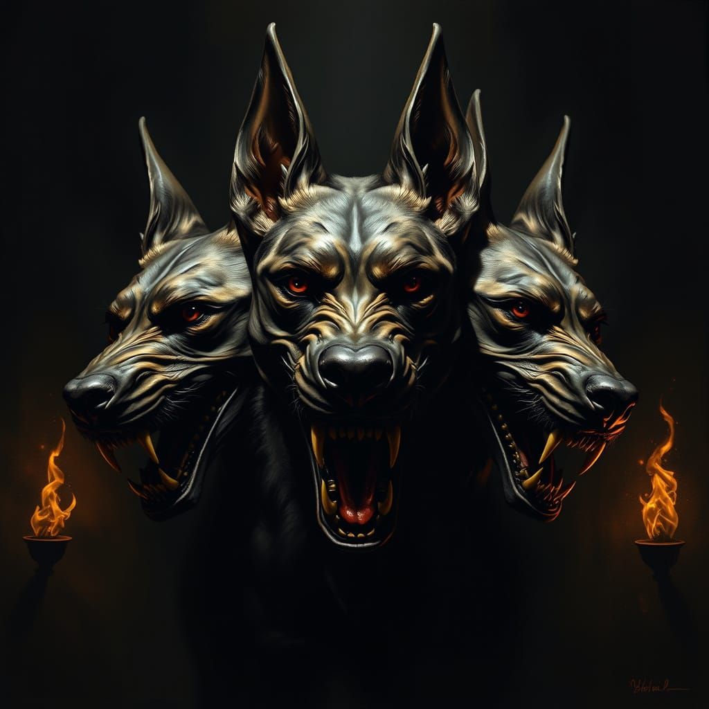 Majestic, Three-Headed Dog Guards the Underworld in Dramatic...