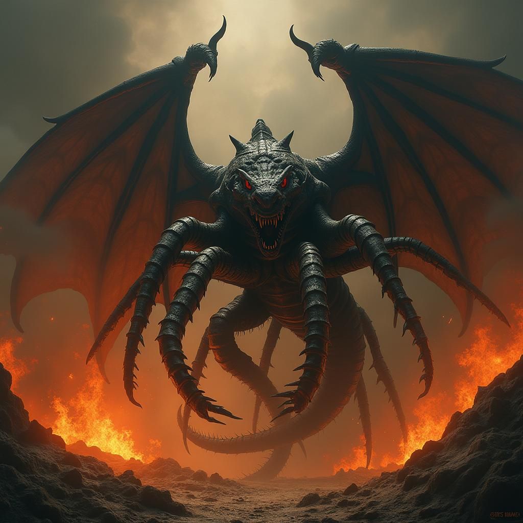 Nightmarish Serpentine Chimera in Hellish Landscape