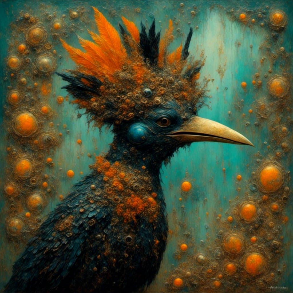 Whimsical Raven Painting with Yellow Feather