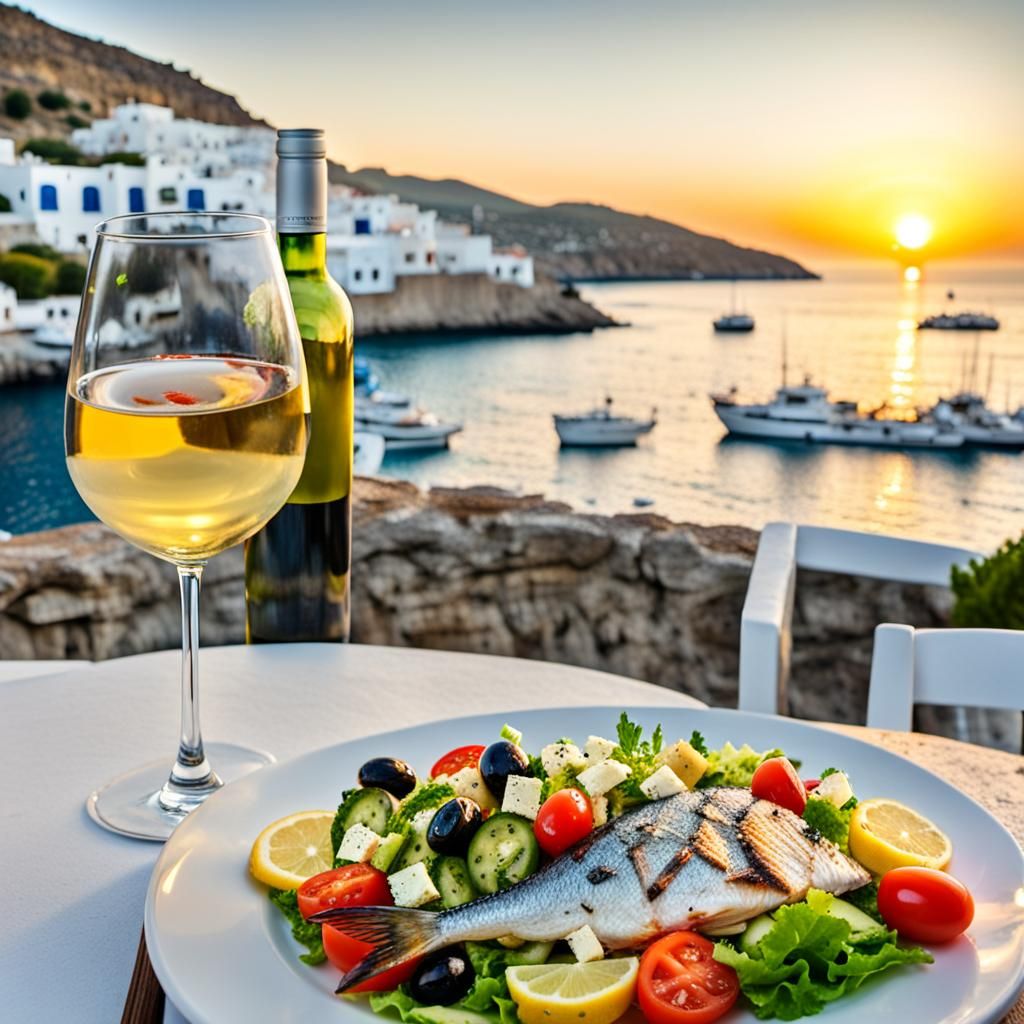 Greek Salad and Fish at Sunset Tavern