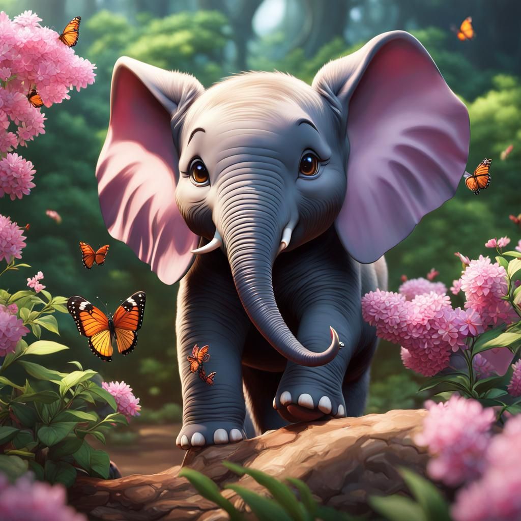 Baby Elephant and Butterfly in 3D Anime Art