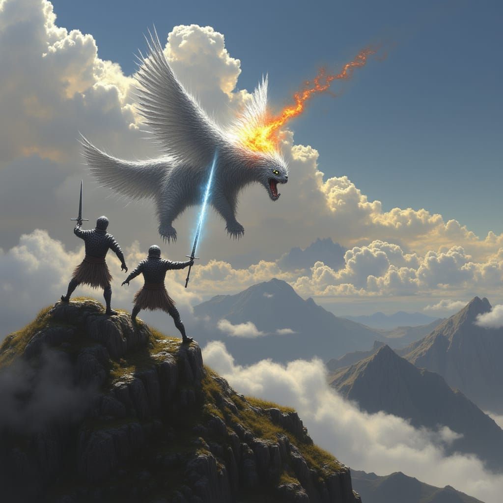 Epic Mountain Battle: Knights vs Winged Beasts in Dark Fairy...