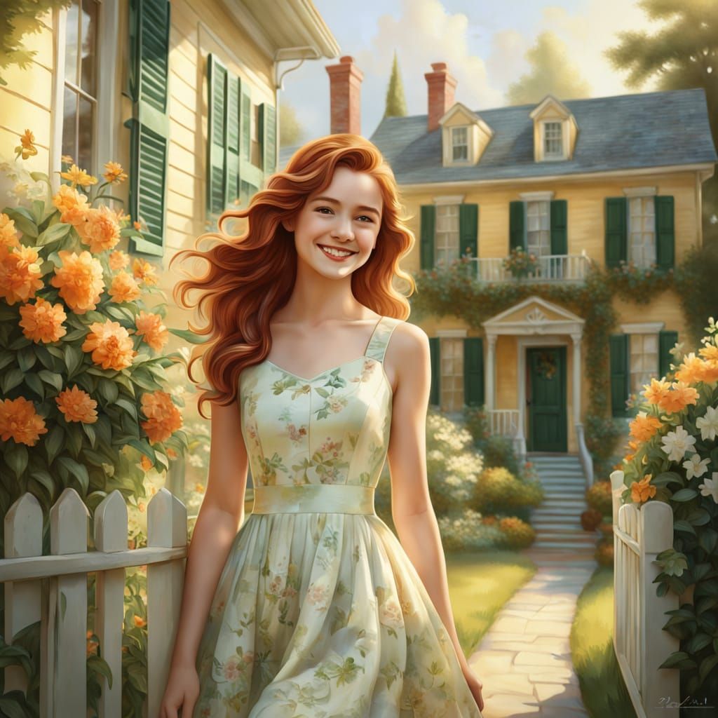 Dreamy Woman in Orange Dress, Kinkade Style