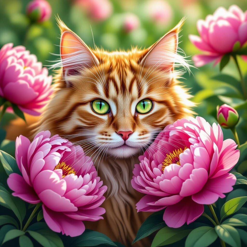 Fluffy Cat Nuzzles Pink Peonies in Comic Style