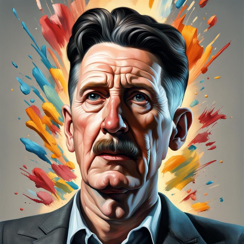 George Orwell Fishing: Hyperrealistic Splash Art Portrait