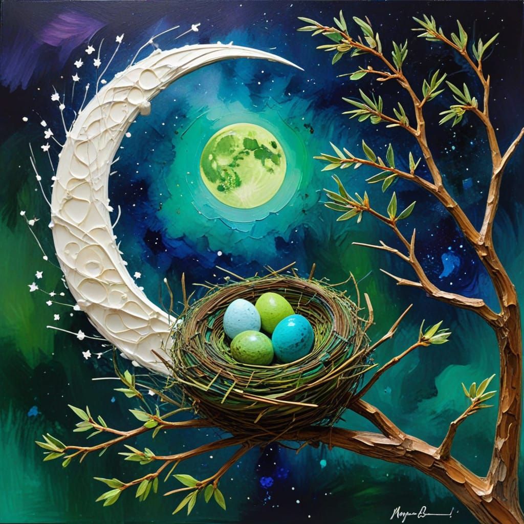 Crescent Moonlit Nest with Emerging Bird