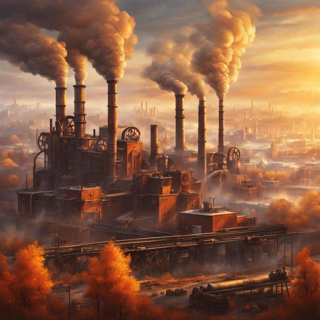 Steampunk Autumn Cityscape with Factories