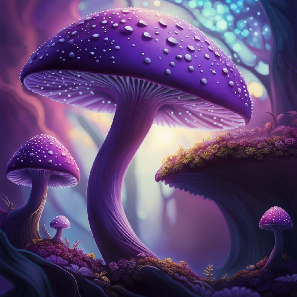 Ombré Purple Mushroom in Fantasy Jungle, Digital Art