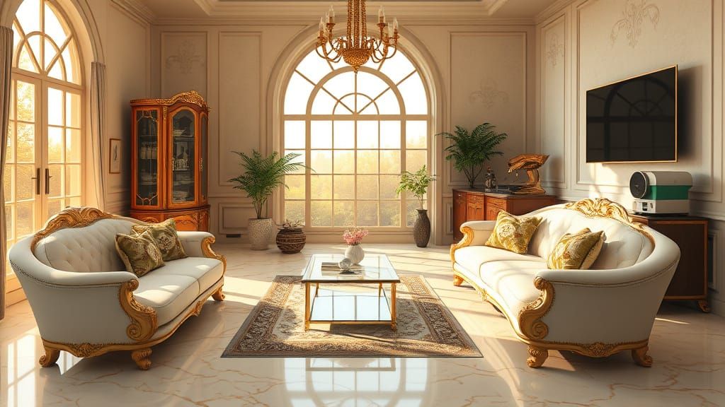 Luxurious Home Coffee Lounge with Golden Accents and Art Nou...