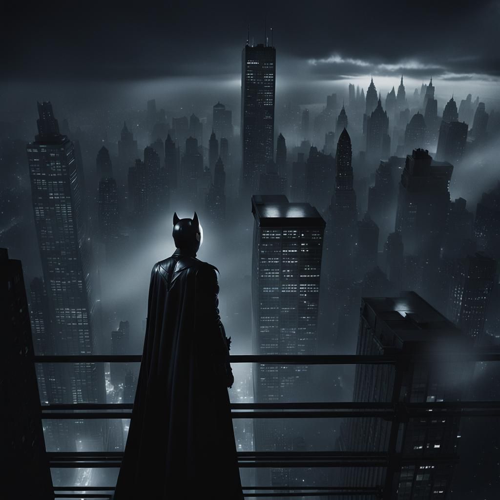 Batwoman in Dark Realism Gotham Cityscape
