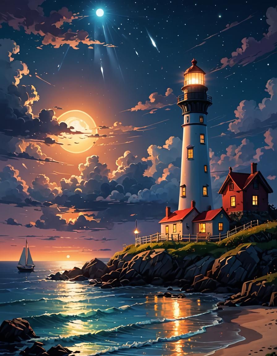 Beautiful Lighthouse Seascape at Summer Night