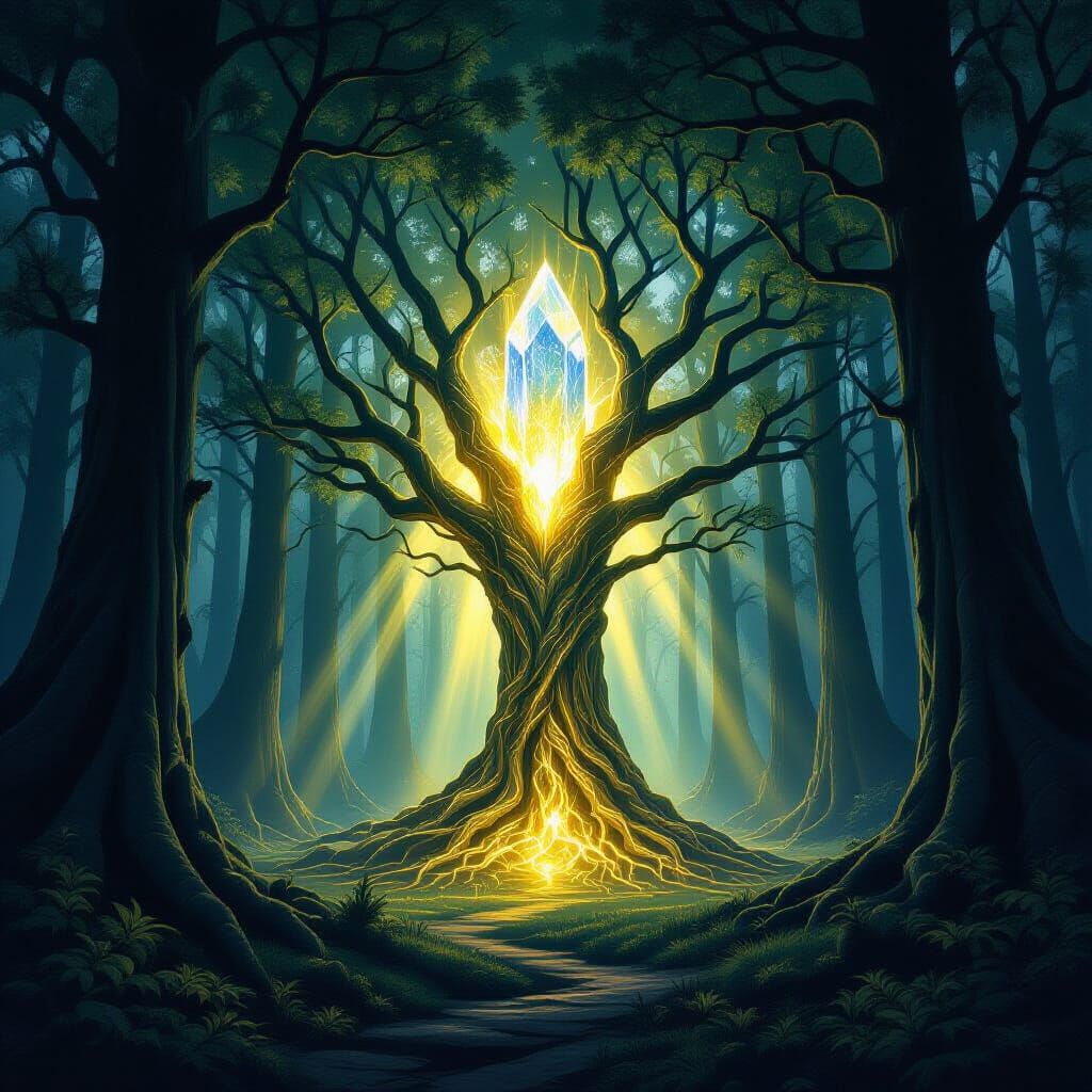 Mystical Forest Clearing with Shimmering Crystal Tree