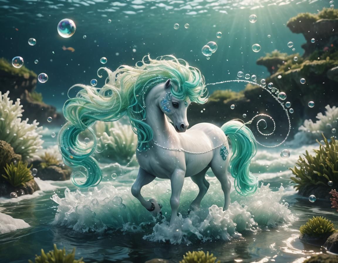 Cute White Seapony in a Fantastical Underwater Scene