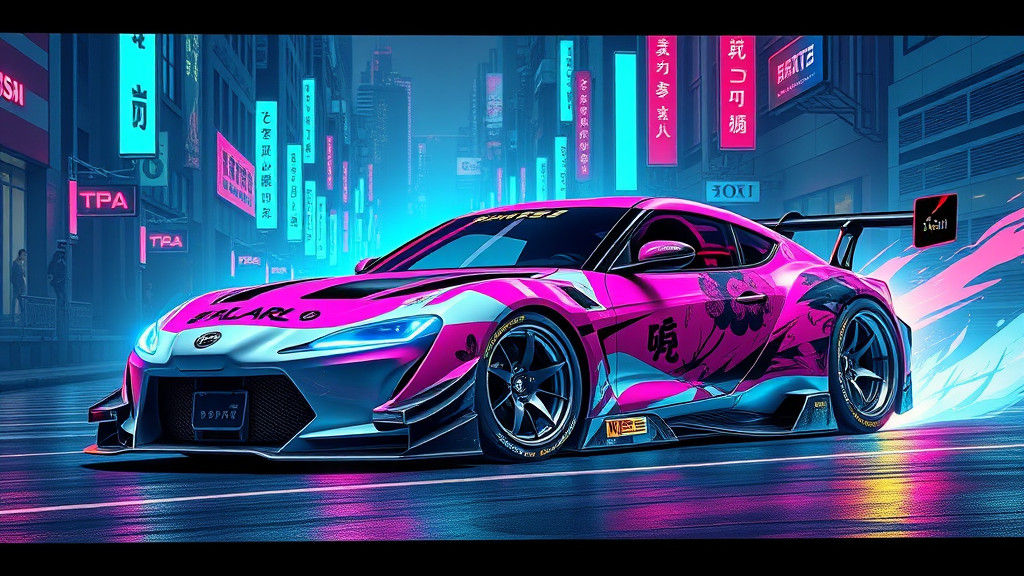 Futuristic Drift Car in Neon-Lit Cityscape