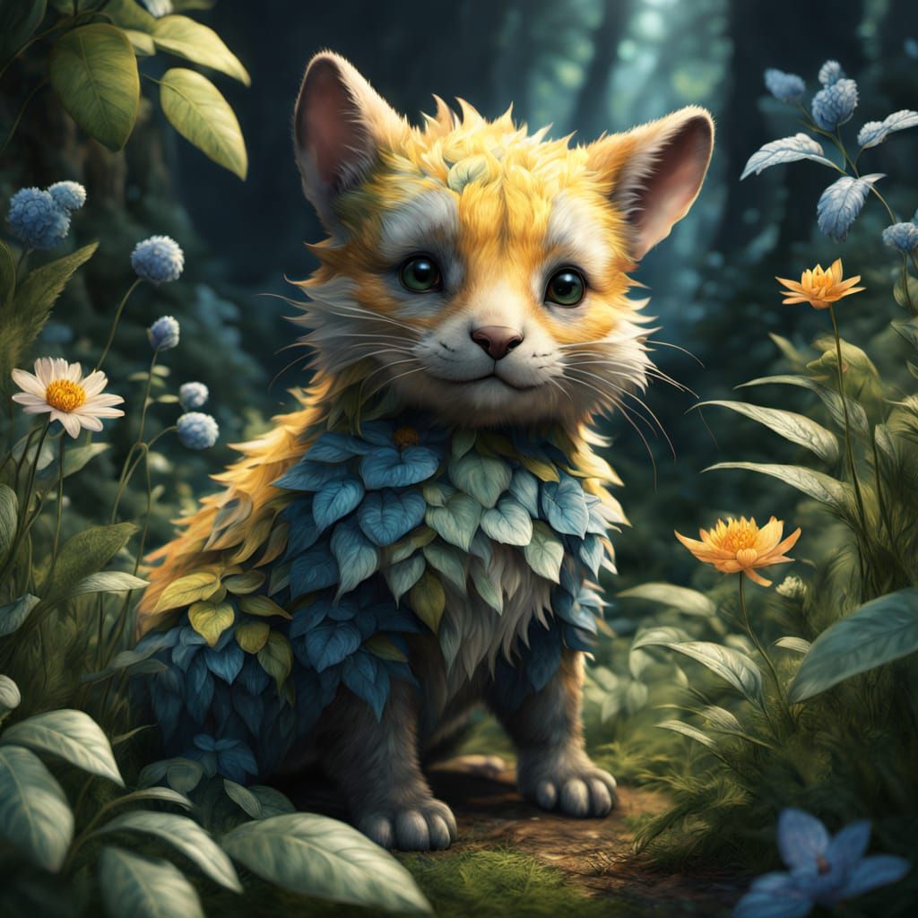 Whimsical Fantasy Scene of a Mother Cat Cuddling Her Kittens...