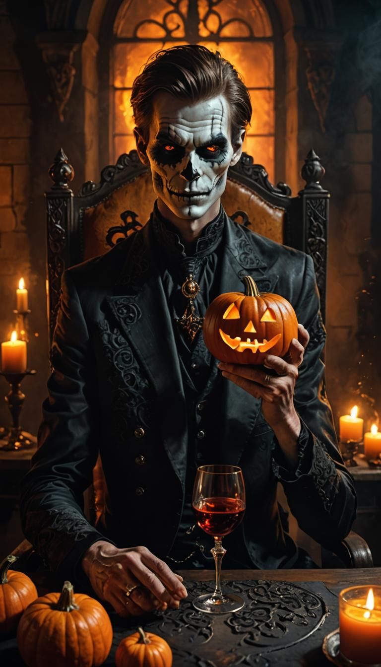 Gothic Pumpkin Man in Chair, Airbrush Portrait