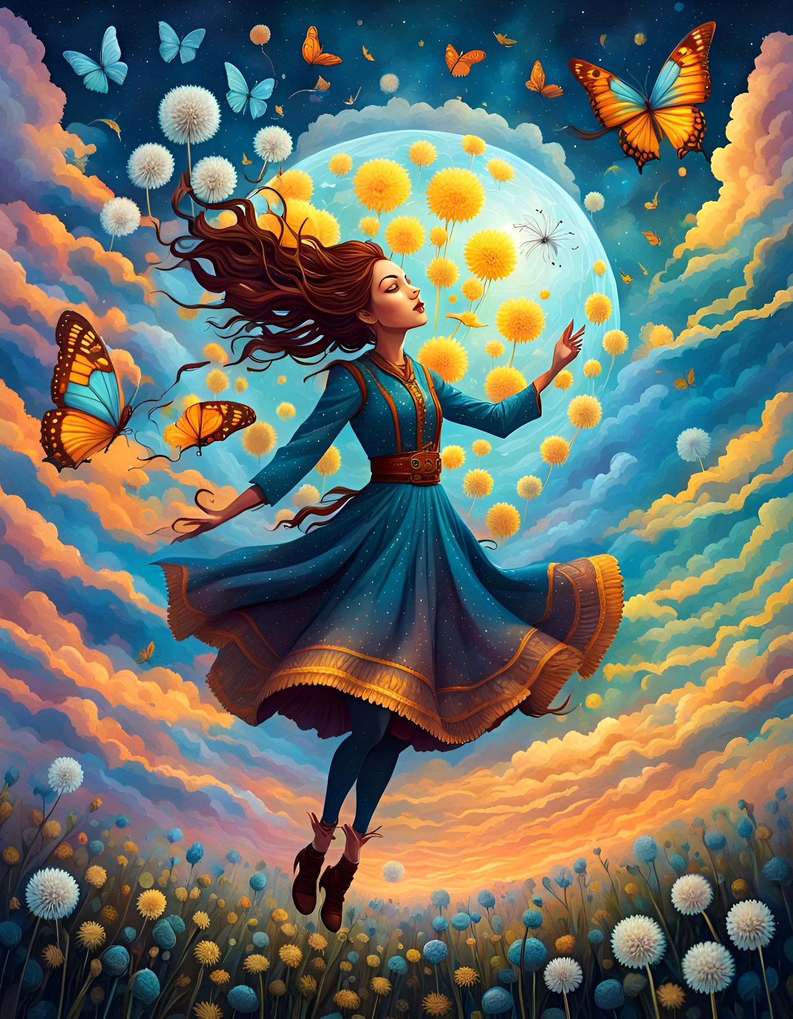 Butterfly Girl Floating in Air: Detailed Illustration