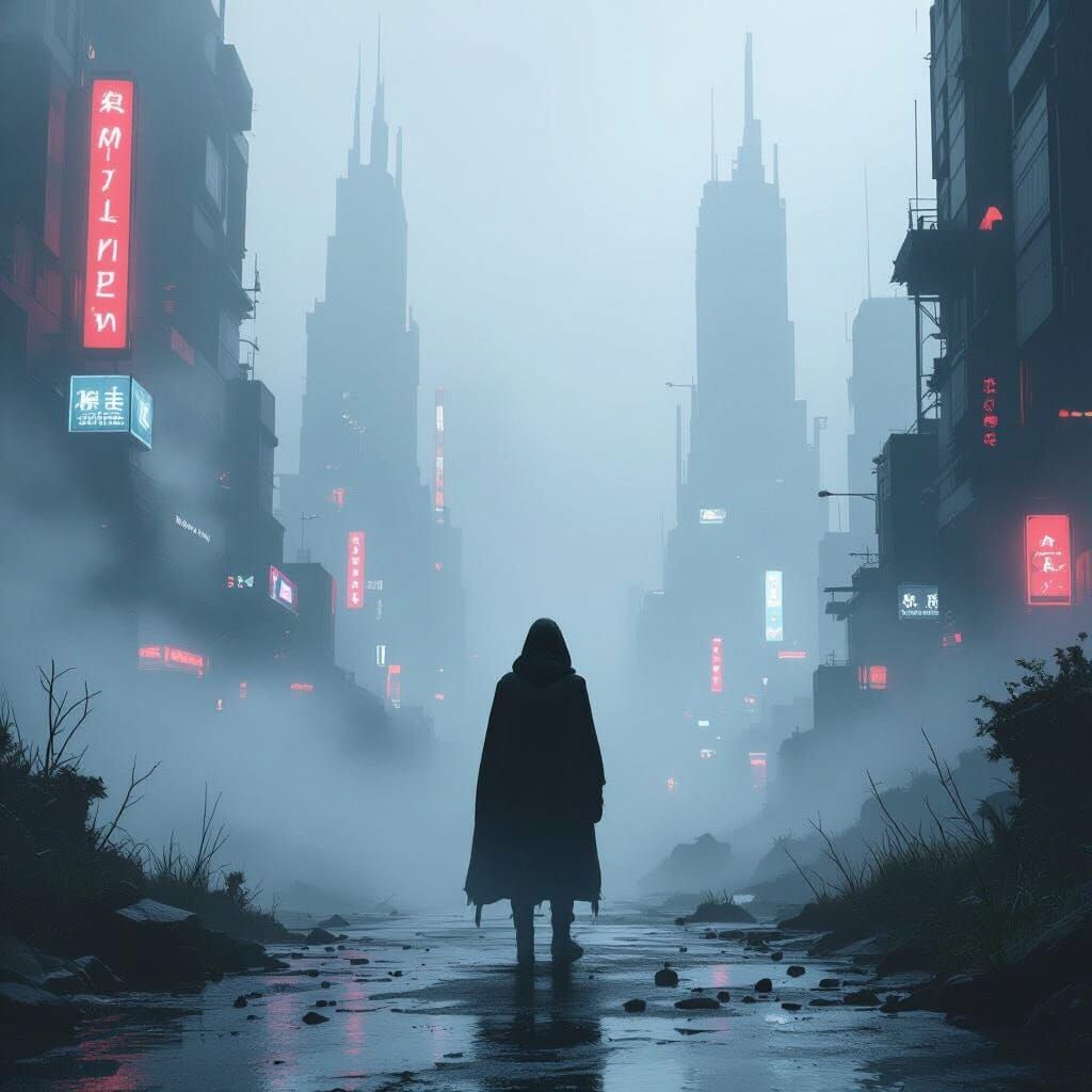 Ethereal Figure in Mist: A Futuristic Landscape