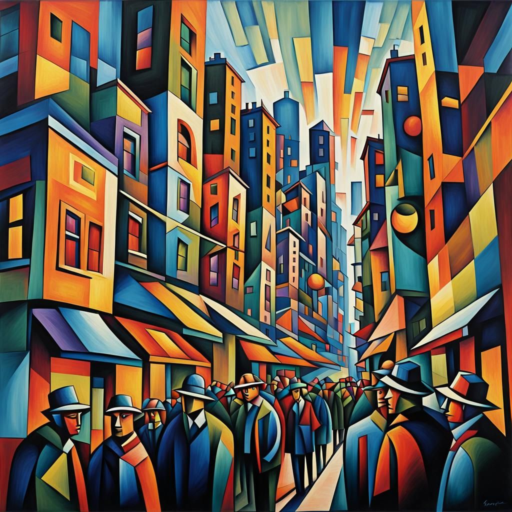 Dynamic Cubist Figure in Geometric Cityscape