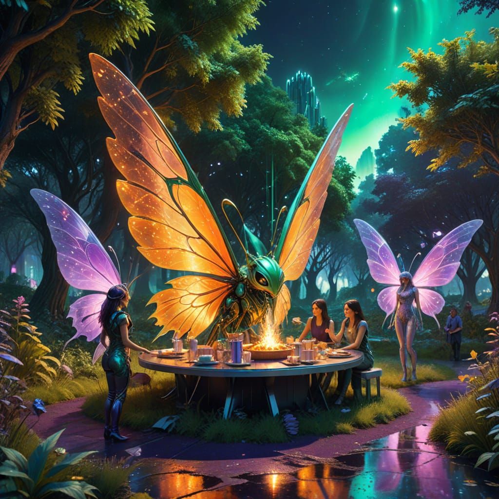 Fairies and Humans Picnic in Futuristic Park as Concept Art