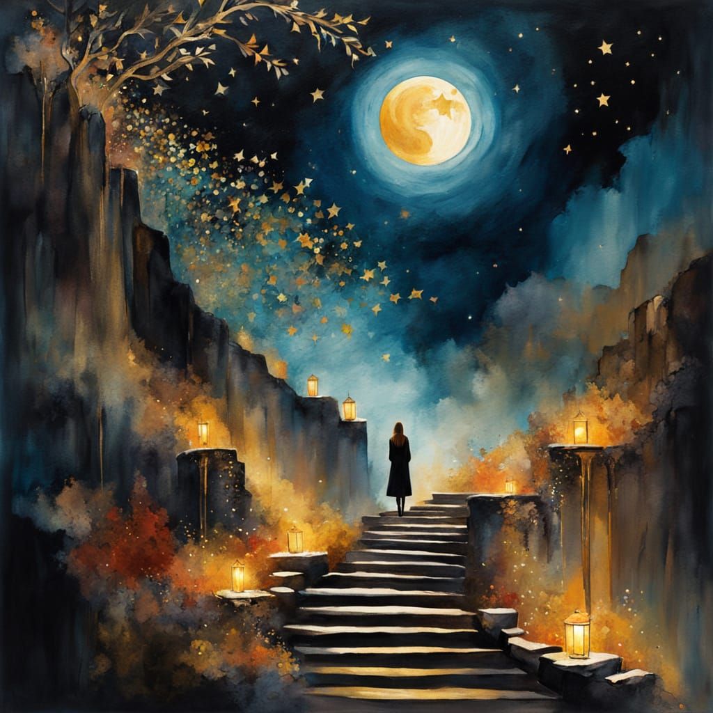 Dreamlike Woman Gazing at Moonlit Birds, Abstract Expression...