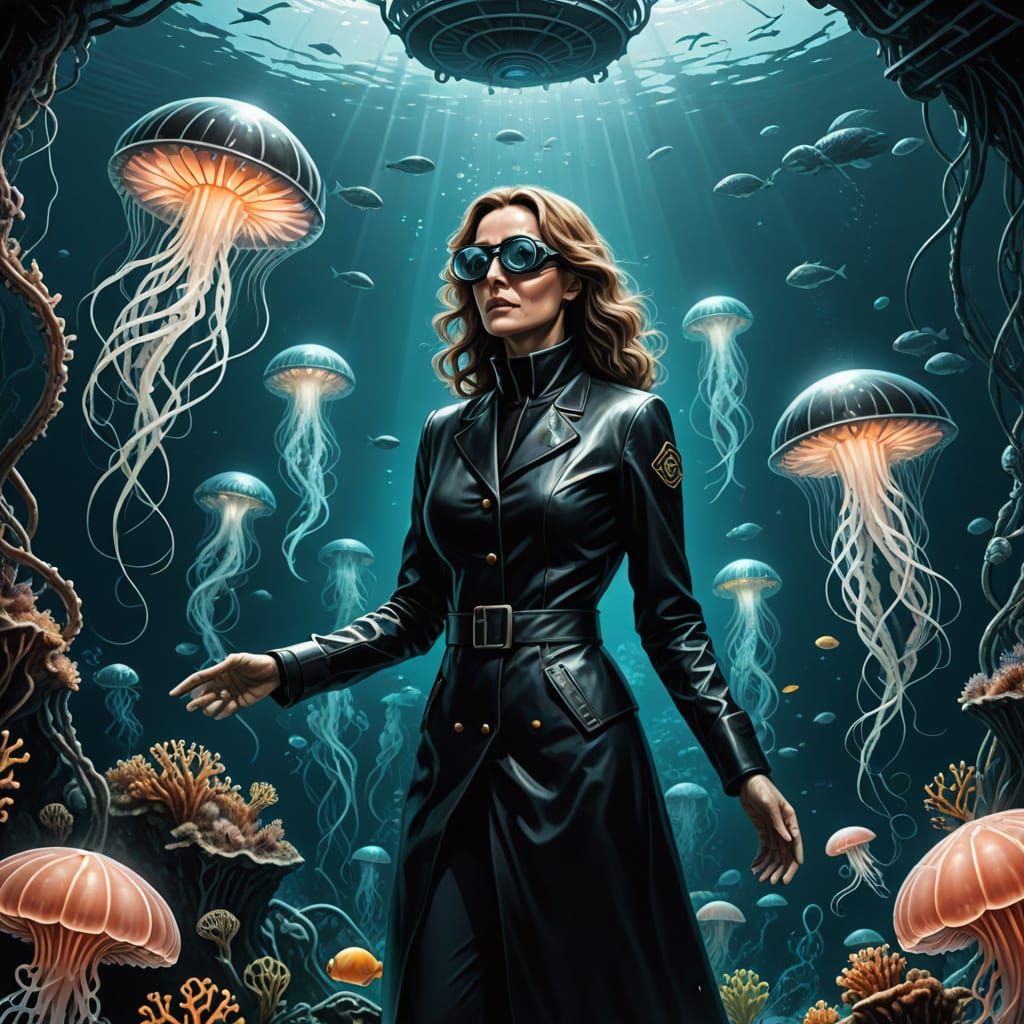 Underwater Lab with Bioluminescent Jellyfish, Haeckel Illust...