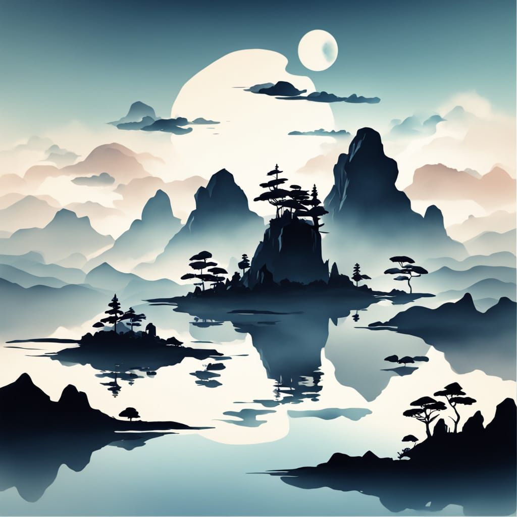 Floating Islands in Minimalist Ink Wash Style