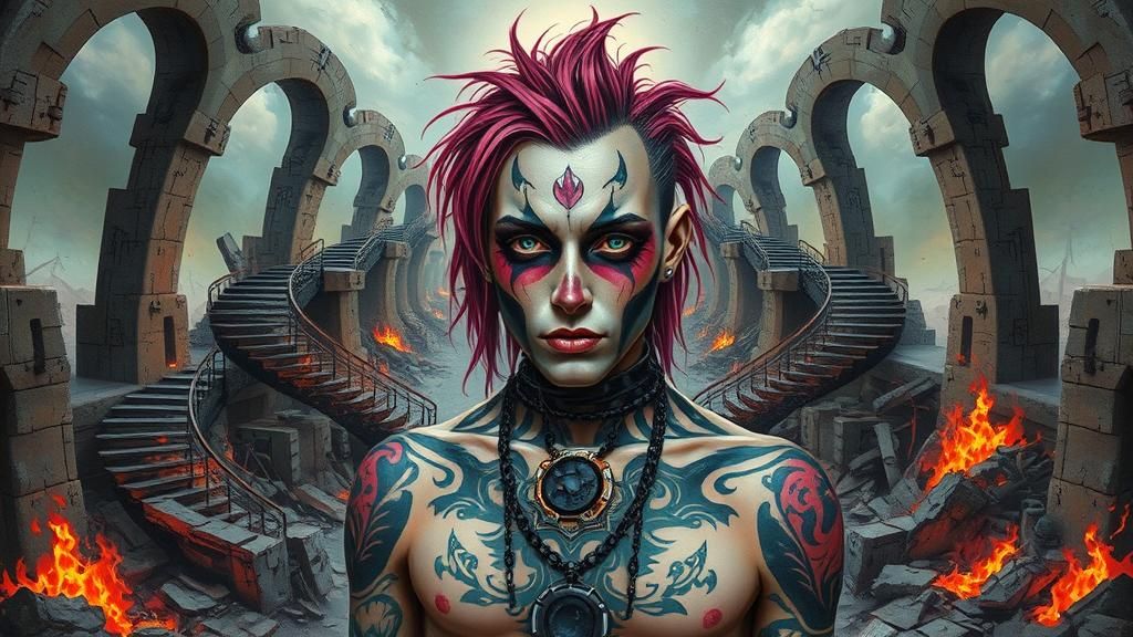Cyberpunk Rocker in Gothic Wasteland as Oil Painting