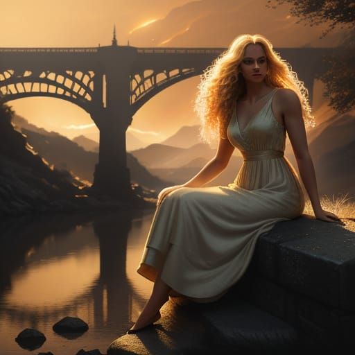 Ethereal Blonde Sits Under Iron Bridge at Night