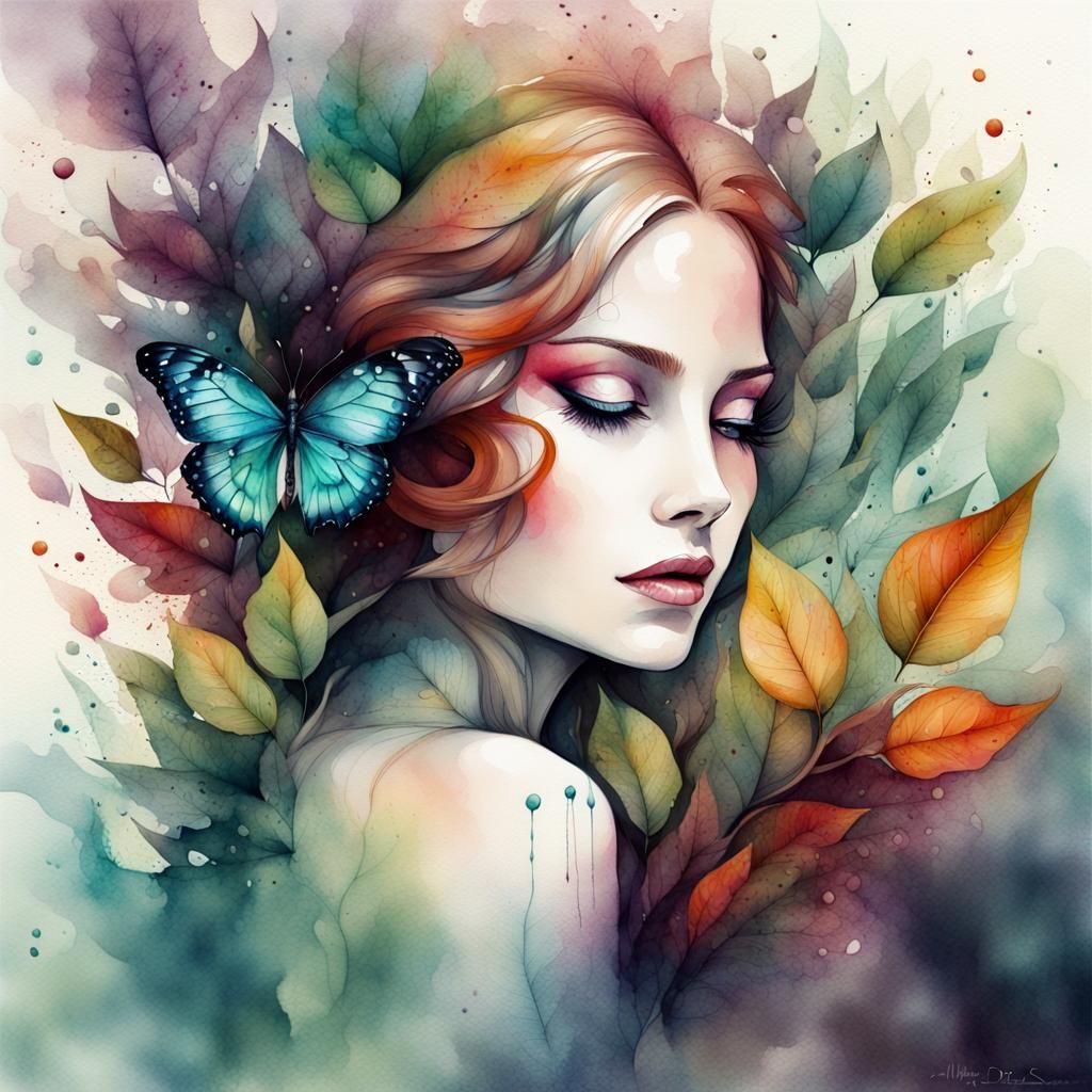 Butterfly Dreamscape: Flowing Lines Art with Watercolor Acce...
