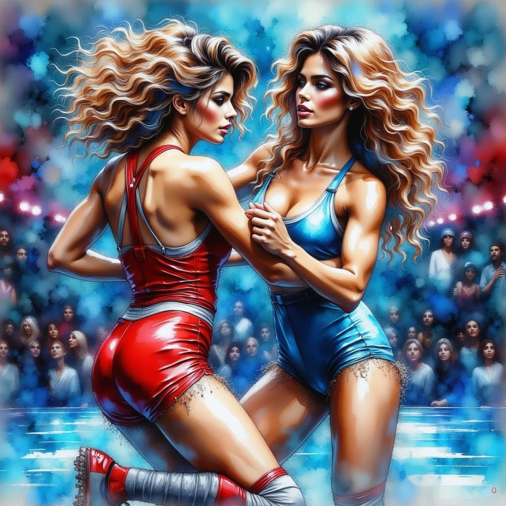 Sensual Female Wrestlers Clash in Dynamic Watercolor Style