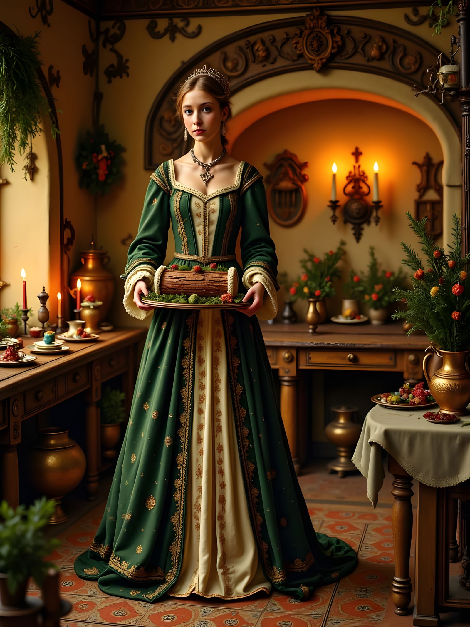 Medieval Kitchen Scene With Yule Log Cake