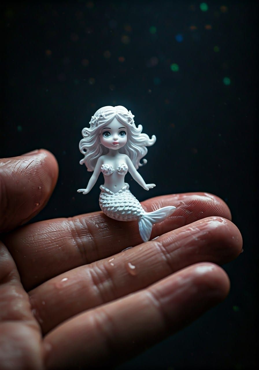 Silver Mermaid Miniature in Hand, Hyperrealistic