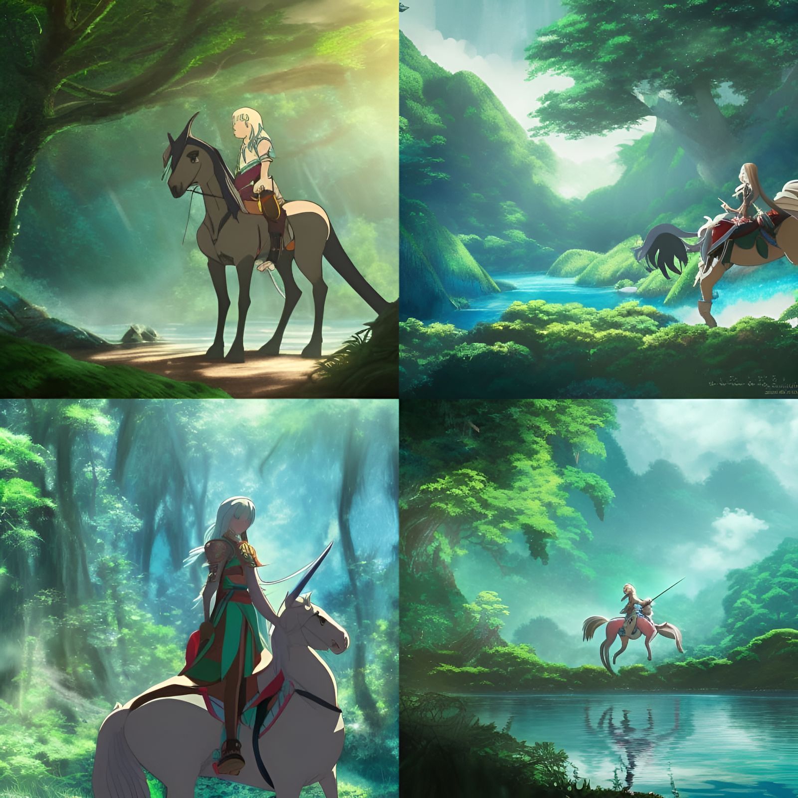 Elf Knight on Pegasus in Ghibli Anime Forest