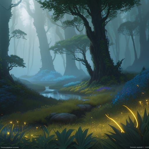 Roger Dean. Rolling hills with mysterious fantasy plants and...