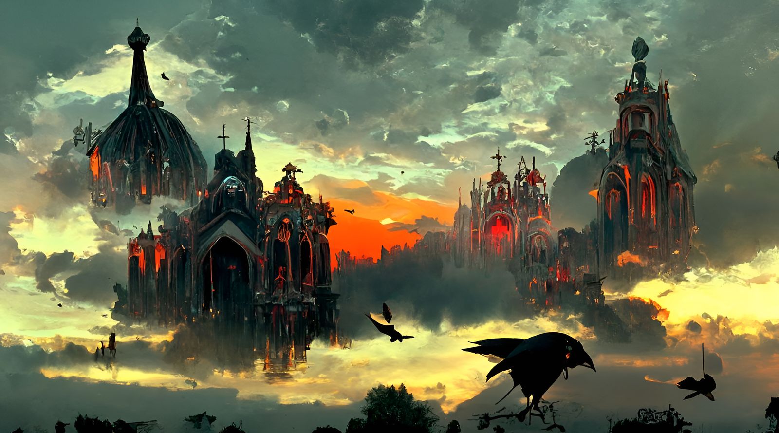 Evil Crow Cathedral at Dusk: Gothic Fantasy