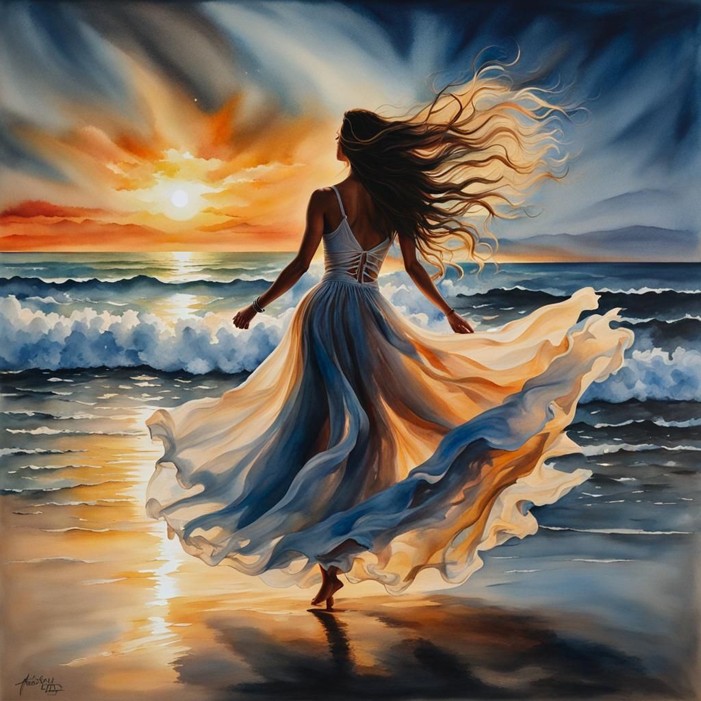 Sunset Beach Dancer: Expressionist Watercolor Painting