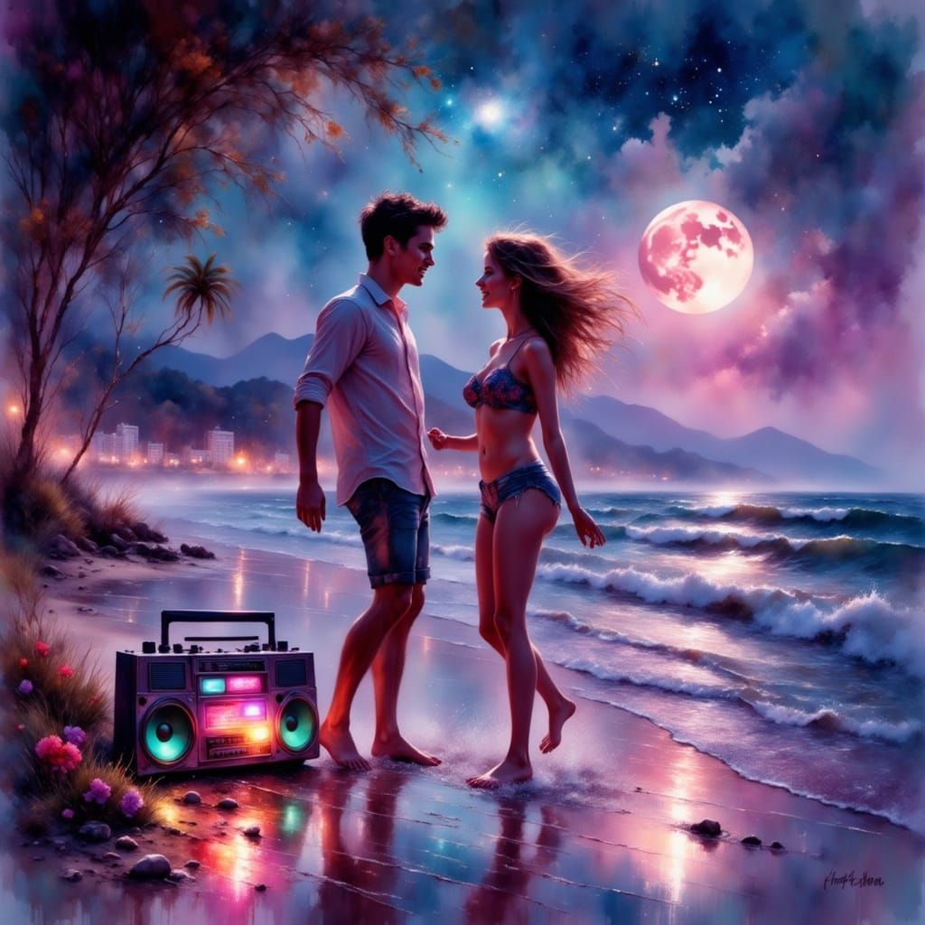 Synthwave Seashore Dance Under Violet Starry Sky
