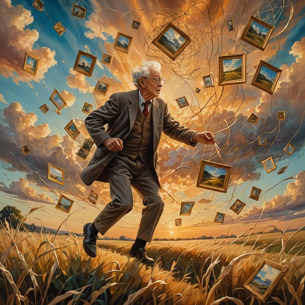 Elderly Person Chasing Memories in Surrealist Dreamscape