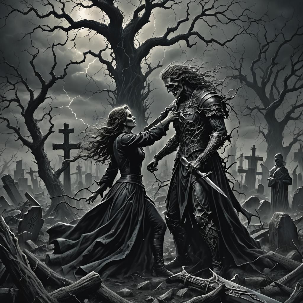 Demonic Graveyard Slaying in Dark Fantasy Style