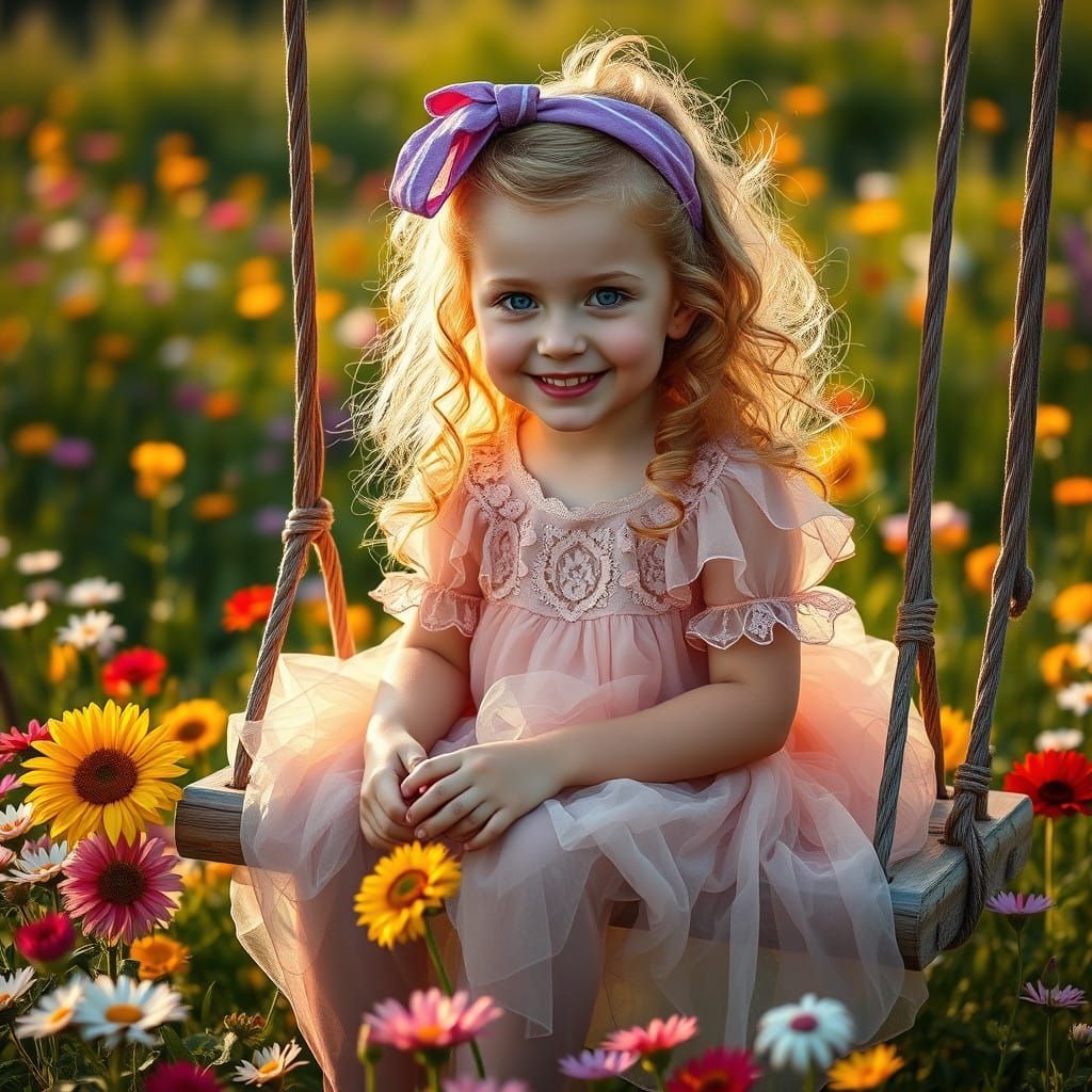 Girl on a Swing in a Vibrant Green Garden