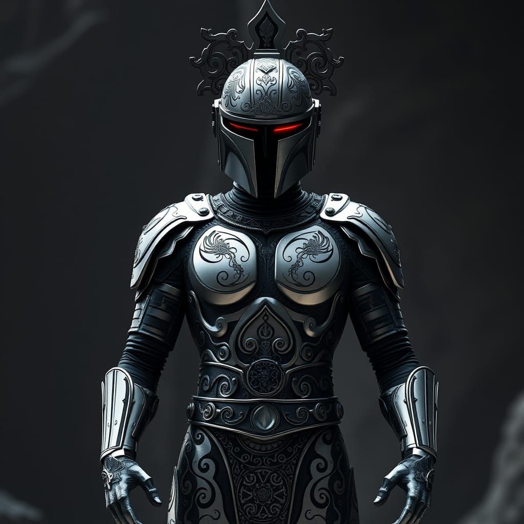 Divine Mandalorian Portrait with Intricate Armor Design